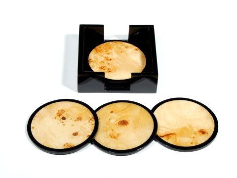 Round Mappa Burl Inlay/Black Lacquer Coasters, Set of 4 w/Holder