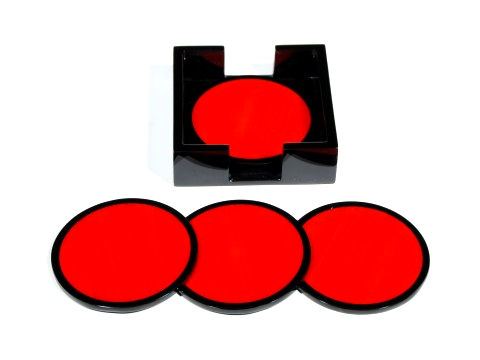 Round Red Tulipwood/Black Lacquer Coasters, Set of 4 w/Holder