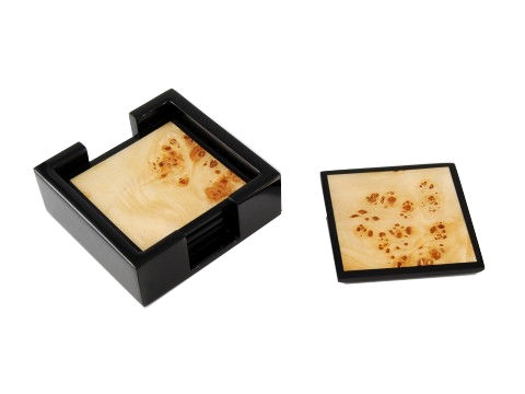 Mappa Burl Inlay/Black Lacquer Coasters, Set of 4 w/holder