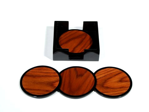 Round Rosewood Inlay/Black Lacquer Coasters, Set of 4 w/Holder