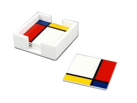Mondrian© Inspired Lacquer Coasters, Set of 4 with Holder