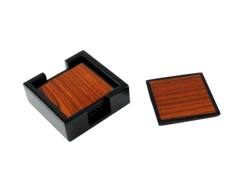 Rosewood Inlay with Brown Lacquer Coasters, Set of 4/holder