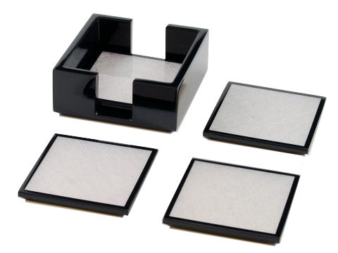 Silver Leaf/Black Lacquer Coasters, Set of 4 with Holder