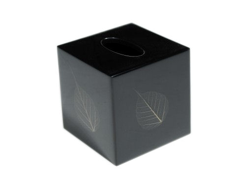Bodhi Leaf Inlay Black Lacquer Cube Tissue Box Cover